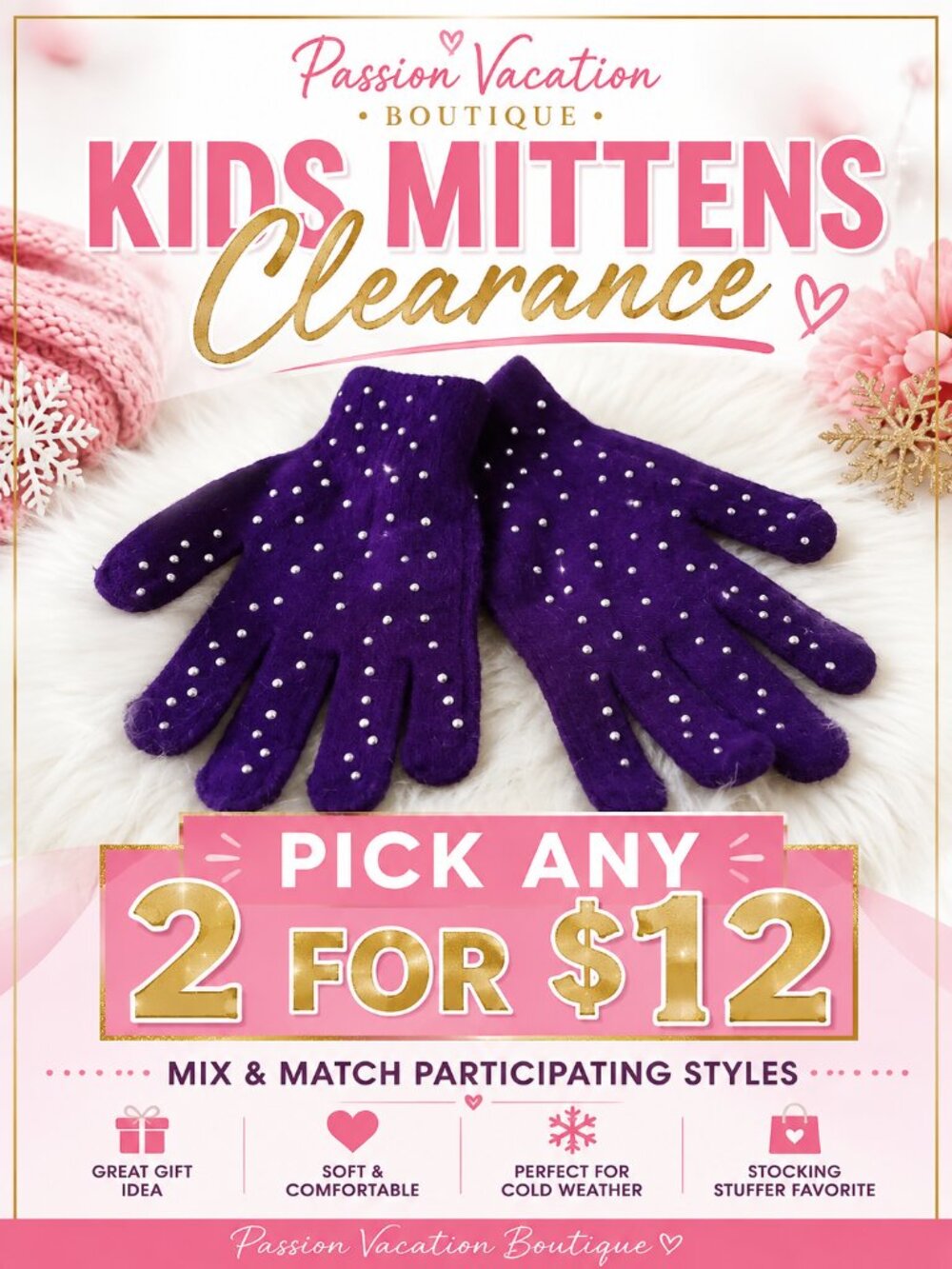 2/$12 Girls Purple Rhinestone Knit Mittens | Kids Winter Gloves